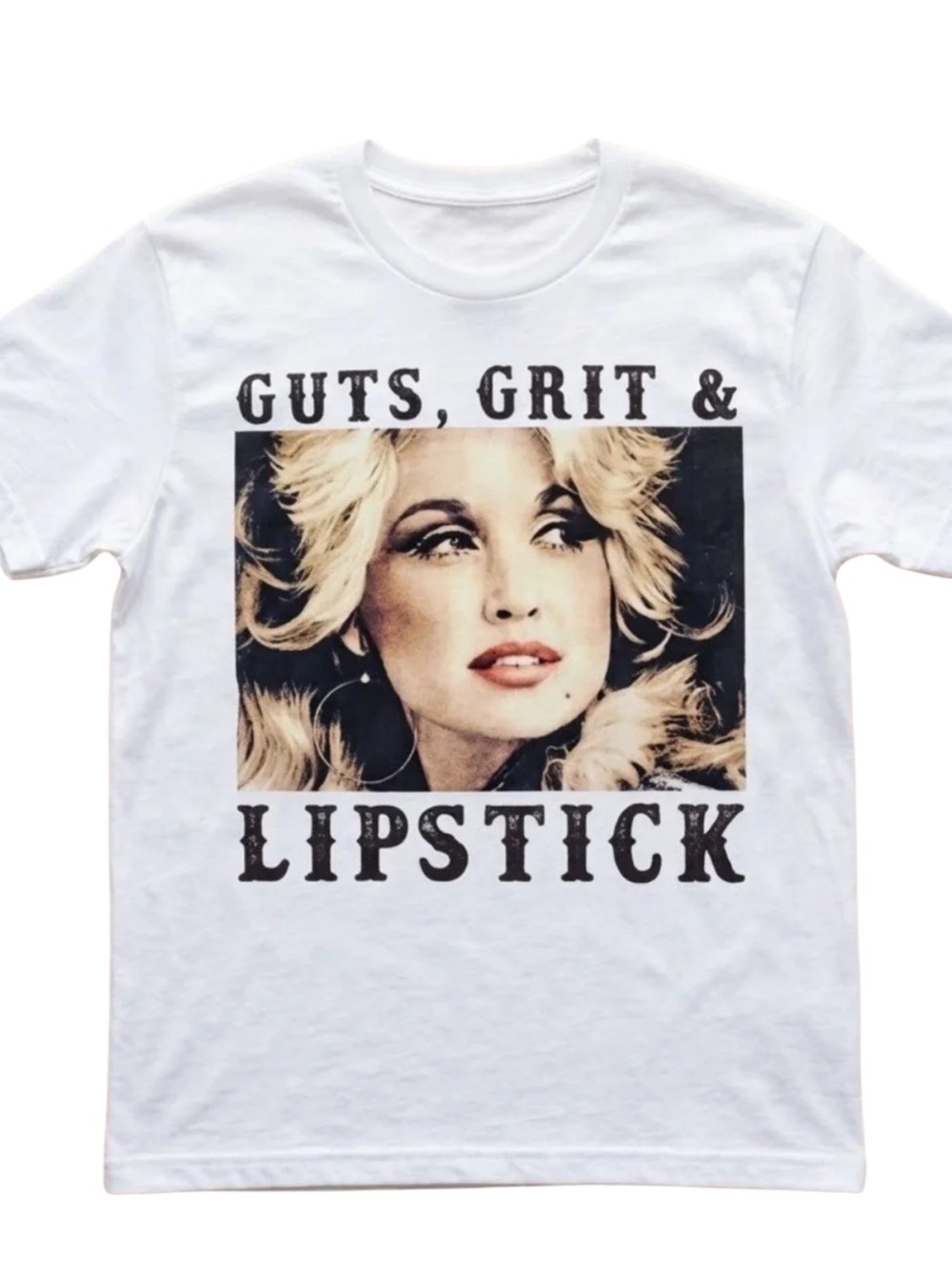 Gildan Dolly White Graphic Tee with Blonde Portrait and Black Text